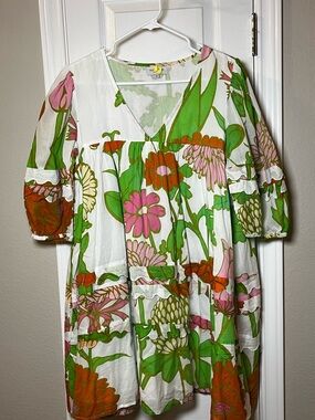 Olivia James White Floral Ruffle Baby Doll dress in Pink, Green & Orange